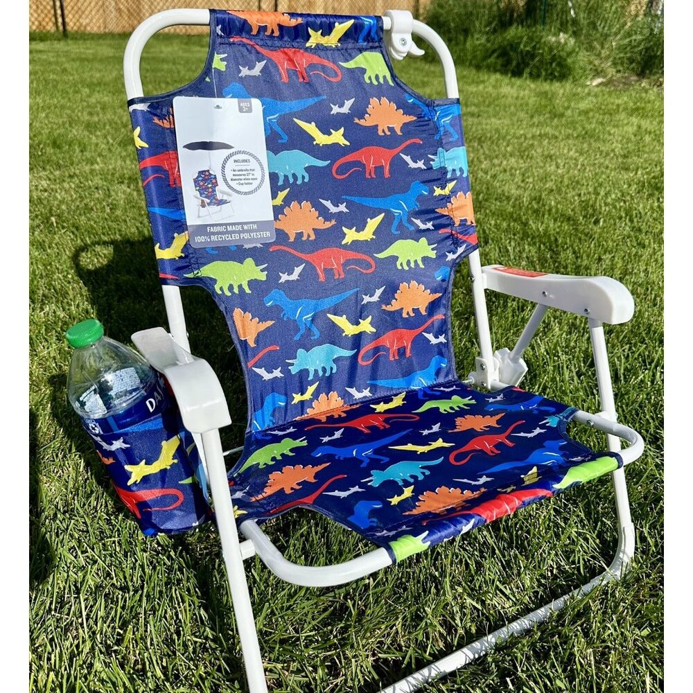 TOMMY BAHAMA Beach Chair Kids Ages 3-6 Dark Dino Umbrella Bottle Holder Foldable